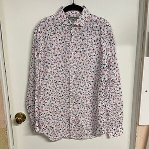 Express Men's Fitted Casual Floral Shirt - White and Red